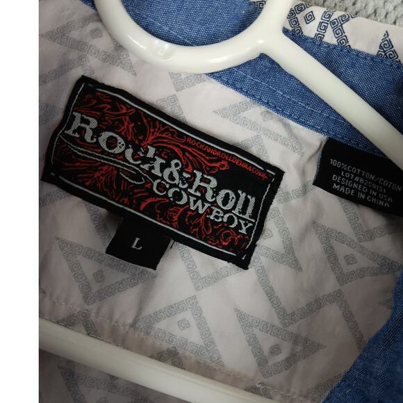 Rock & Roll Cowboy Shirt Mens Large White/Blue Geometric Snaps Western Cowboy - Picture 6 of 13